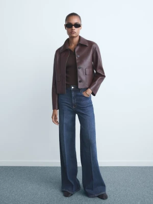 MANGO - Jeansy wide leg z wysokim stanem ciemnoniebieski - - Kobieta