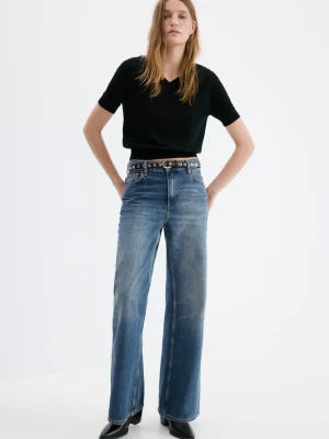 MANGO - Jeansy wide leg z wysokim stanem ciemnoniebieski - - Kobieta