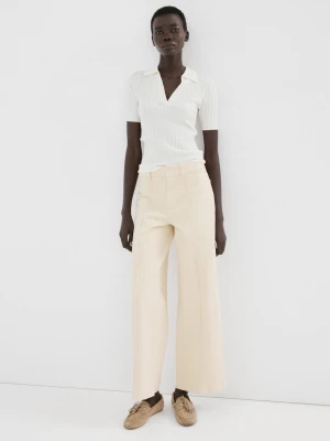 MANGO - Jeansy wide leg z wysokim stanem i przeszyciami waniliowy - - Kobieta