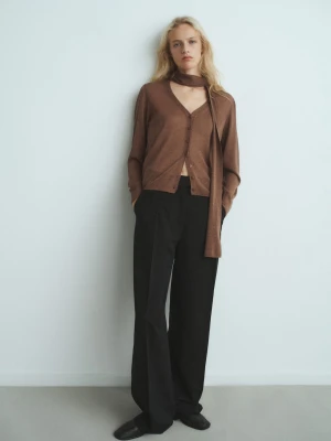 MANGO - Kardigan z cienkiej dzianiny z szalem brązowy - - Kobieta