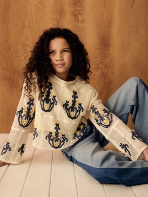 MANGO KIDS - Ażurowy sweter z haftowanymi detalami kremowy / écru - lata - Dzieci