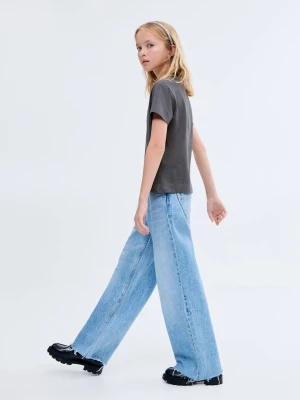 MANGO KIDS - Bawełniana koszulka z haftem antracytowy - lata - Dzieci