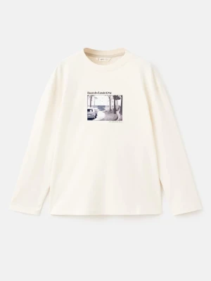 MANGO KIDS - Bawełniany wzorzysty t-shirt złamana biel - lata - Dzieci
