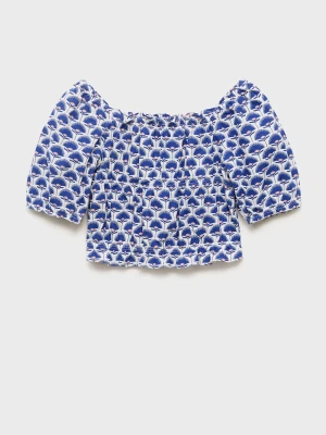 MANGO KIDS - Bluzka lniana z nadrukiem niebieski - - Dzieci
