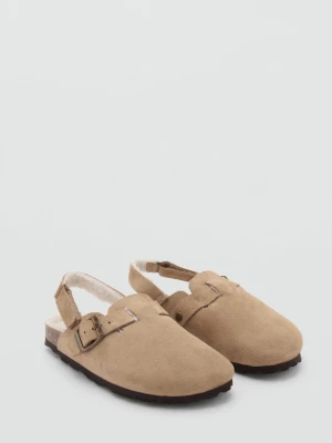 MANGO KIDS - Chodaki skórzane z wyściółką z baranka piaskowy - - Dzieci