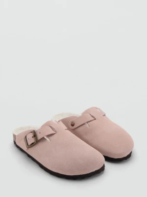 MANGO KIDS - Chodaki skórzane z wyściółką z baranka pastelowy róż - - Dzieci