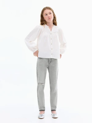 MANGO KIDS - Dżinsy mom fit z ozdobnymi rozdarciami szary denim - - Dzieci