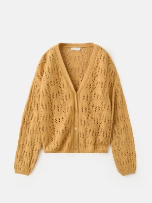 MANGO KIDS - Kardigan z ażurowej dzianiny musztardowy - lata - Dzieci