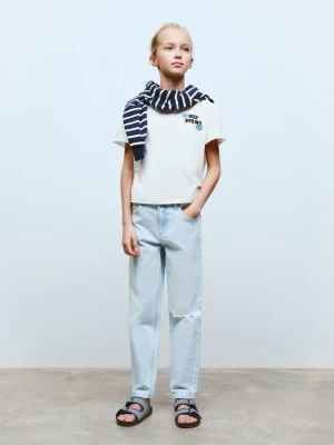 MANGO KIDS - Koszulka bawełniana z nadrukowanym napisem złamana biel - lata - Dzieci