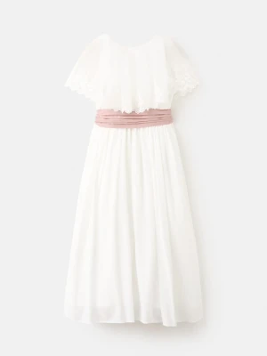 MANGO KIDS - Lniana sukienka z wiązaniem biały - - Dzieci