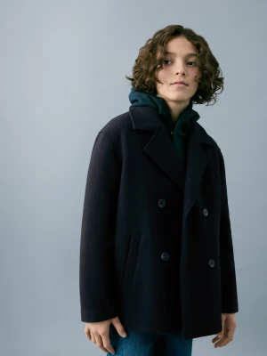 MANGO KIDS - Płaszcz z wełnianego sukna granatowy - - Dzieci