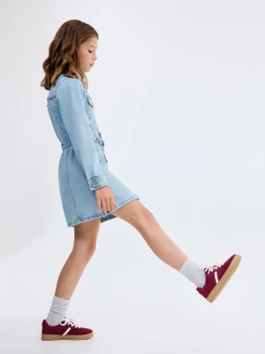 MANGO KIDS - Sukienka dżinsowa wiązana w talii średni niebieski - - Dzieci