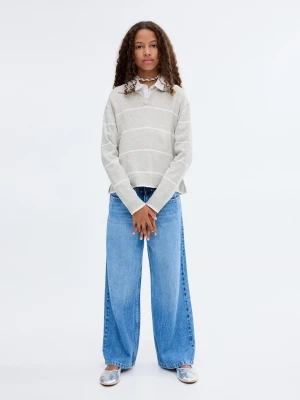 MANGO KIDS - Sweter w paski z kołnierzykiem polo jasnoszary - lata - Dzieci