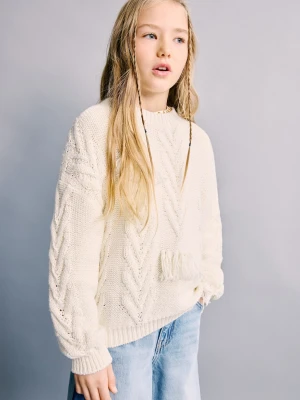 MANGO KIDS - Sweter z dzianiny w jodełkę złamana biel - lata - Dzieci