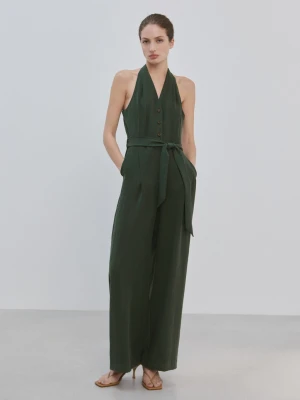 MANGO - Kombinezon z dekoltem halter i paskiem khaki - - Kobieta