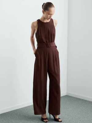 MANGO - Kombinezon z lyocellu z paskiem brązowy - - Kobieta