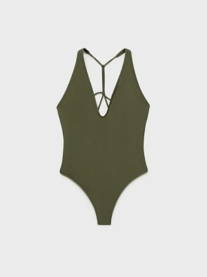 MANGO - Kostium kąpielowy z paskami na plecach khaki - - Kobieta