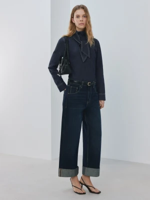 MANGO - Koszula denim z wiązaniem na kokardę ciemnoniebieski - - Kobieta