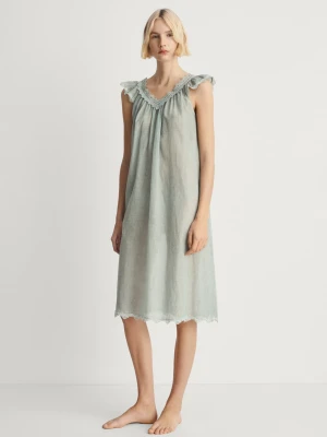 MANGO - Koszula nocna bawełniana overdyed z koronką pastelowa zieleń - - Kobieta
