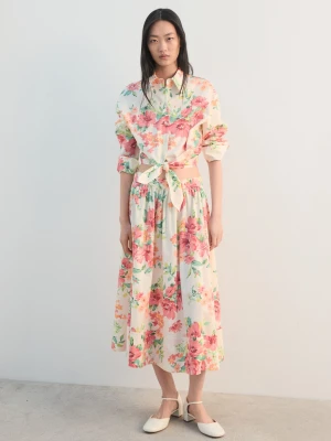 Koszula w kwiaty z węzłem złamana biel - Kobieta - - MANGO