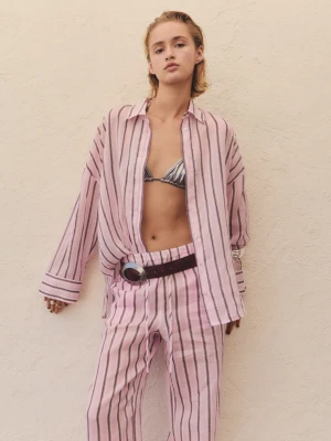 MANGO - Koszula z ramii w paski jasnoróżowy - - Kobieta