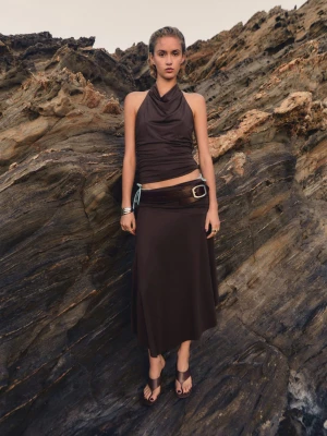 MANGO - Drapowany top z dekoltem halter brązowy - - Kobieta