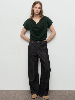 MANGO - Koszulka z krótkim rękawem i drapowanym dekoltem ciemnozielony - - Kobieta