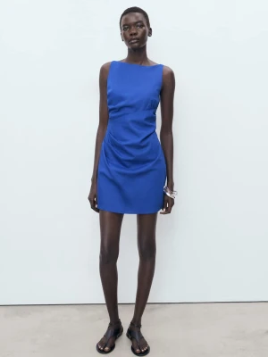 MANGO - Krótka drapowana sukienka z lnu electric blue - - Kobieta