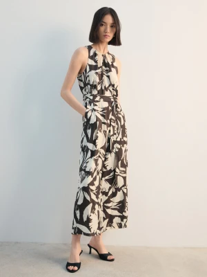 MANGO - Krótki kombinezon z nadrukiem i paskiem czekoladowy - - Kobieta