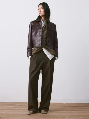 MANGO - Kurtka skórzana na guziki burgund - - Kobieta