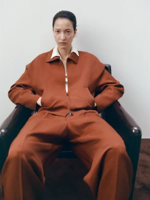 MANGO - Kurtka z mieszanki lnu z kieszeniami rudy - - Kobieta