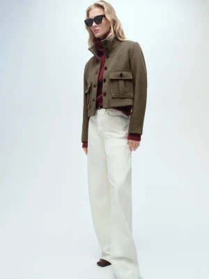 MANGO - Kurtka z mieszanki wełny z kieszeniami khaki - - Kobieta