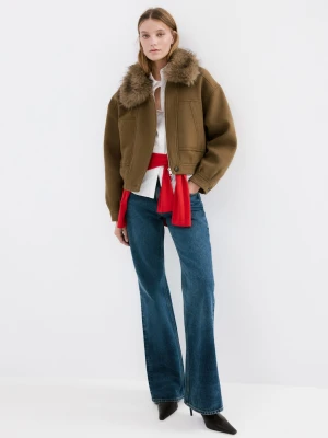 MANGO - Kurtka z mieszanki wełny z kołnierzem z włosia brązowy - - Kobieta