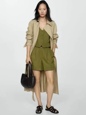 MANGO - Lniane bermudy z zakładkami khaki - - Kobieta