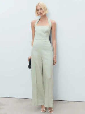 MANGO - Lniany kombinezon z dekoltem halter pastelowa zieleń - - Kobieta