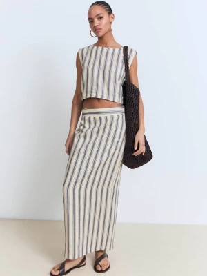 MANGO - Lniany top w paski kremowy / écru - - Kobieta
