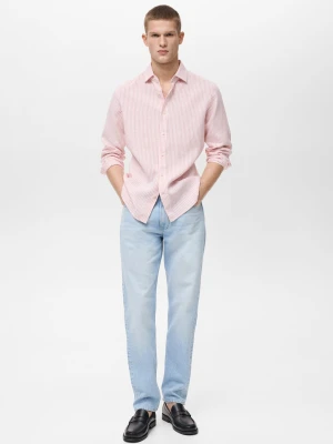 MANGO MAN - Koszula lniana regular fit w paski jasnoróżowy - - Mężczyzna
