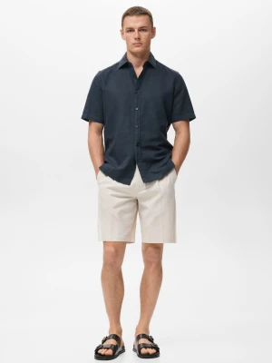 MANGO MAN - Koszula lniana z krótkim rękawem granatowy - - Mężczyzna