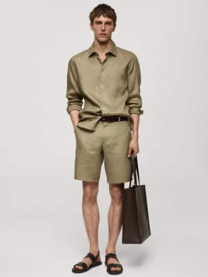 MANGO MAN - Koszula regular fit z 100% lnu khaki - - Mężczyzna