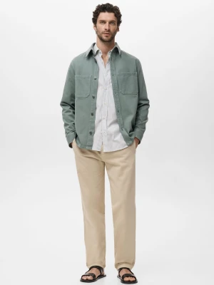 MANGO MAN - Koszula regular fit z bawełny w paski khaki - - Mężczyzna