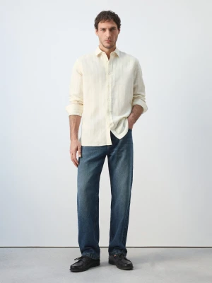 MANGO MAN - Koszula regular fit z lnu i bawełny w paski kremowy / écru - - Mężczyzna