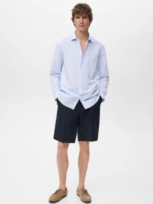 MANGO MAN - Koszula regular fit z lnu i bawełny w paski niebieski - - Mężczyzna