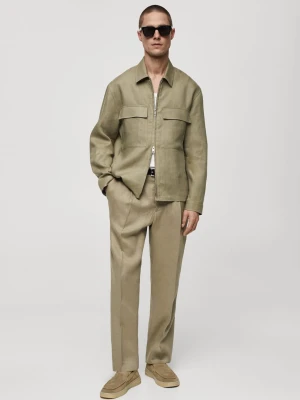 MANGO MAN - Koszula wierzchnia z kieszeniami z lnu 100% khaki - - Mężczyzna