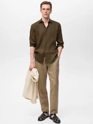 MANGO MAN - Koszula z lnu 100% khaki - - Mężczyzna
