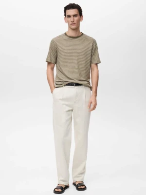 MANGO MAN - Koszulka lniana slim fit w paski zielony - - Mężczyzna