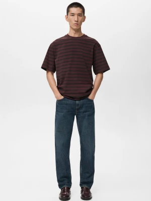 MANGO MAN - Koszulka w paski 100% bawełna relaxed fit średni brązowy - - Mężczyzna