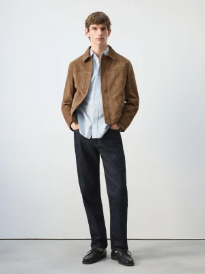 MANGO MAN - Kurtka 100% skóra zamszowa z kieszeniami koniakowy - - Mężczyzna