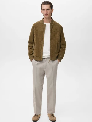 MANGO MAN - Kurtka bomber skórzana zamszowa khaki - - Mężczyzna