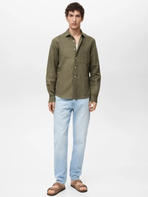 MANGO MAN - Lniana koszula z kieszenią khaki - - Mężczyzna
