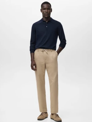 MANGO MAN - Spodnie lniane slim fit z troczkami biały - - Mężczyzna